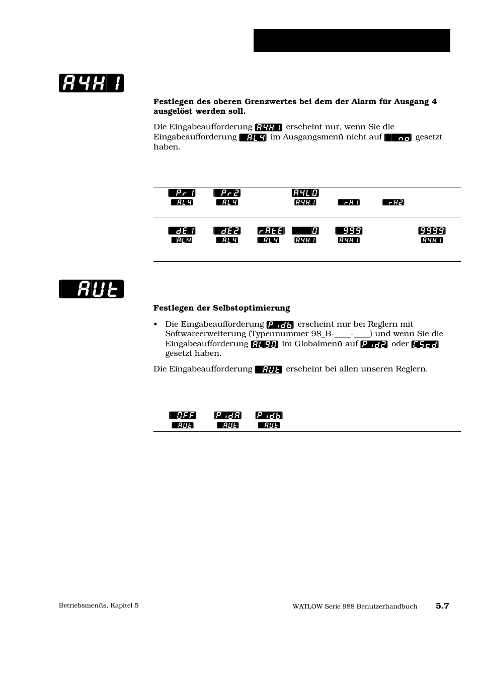 A4hi] [`aut, Betriebsmenü: systemmenü, Überschreitungsalarm 4 | Selbstoptimierung | Watlow Series 988 User Manual | Page 82 / 128