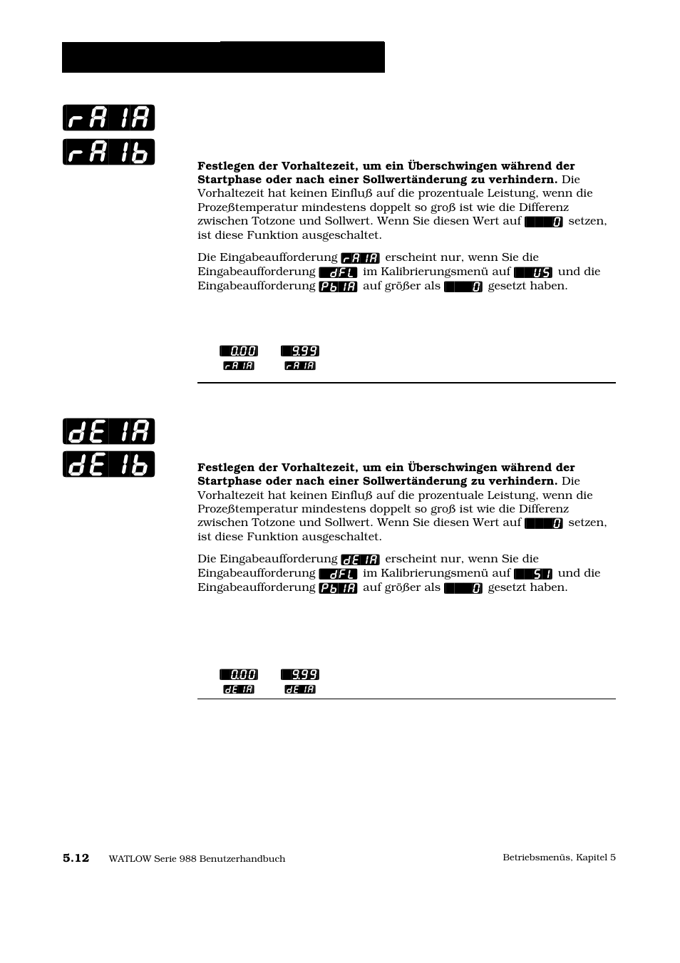 Ra1a] [ra1b] [de1a] [de1b, Betriebsmenü: menü pid-a oder b | Watlow Series 988 User Manual | Page 87 / 128