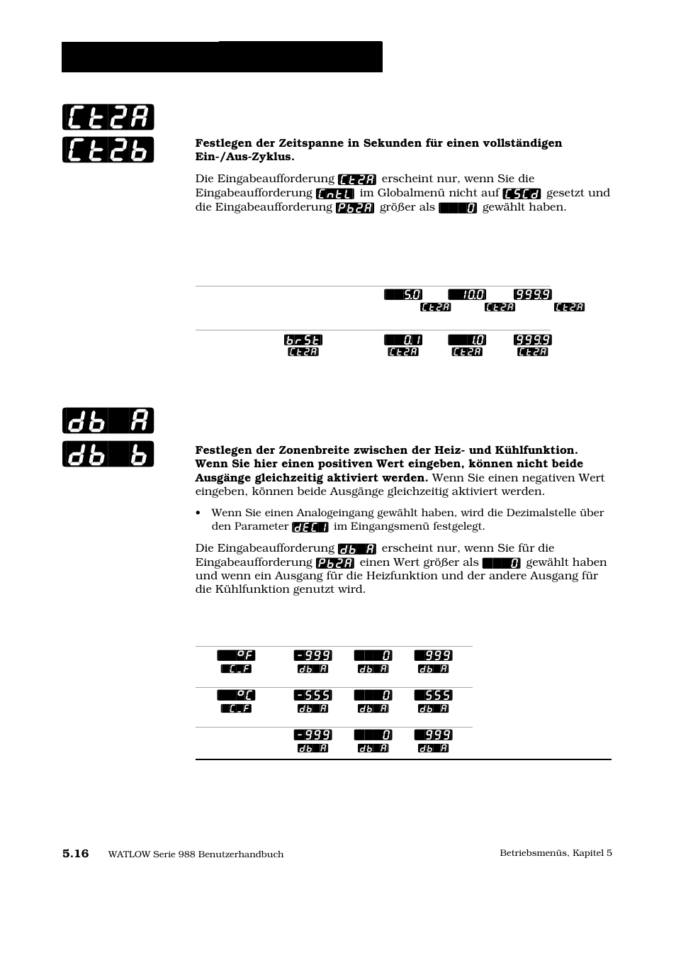 Ct2a] [ct2b] [db`a] [db`b, Betriebsmenü: menü pid-a oder b, Zykluszeit, ausgang 2a oder 2b | Totzone a oder b | Watlow Series 988 User Manual | Page 91 / 128