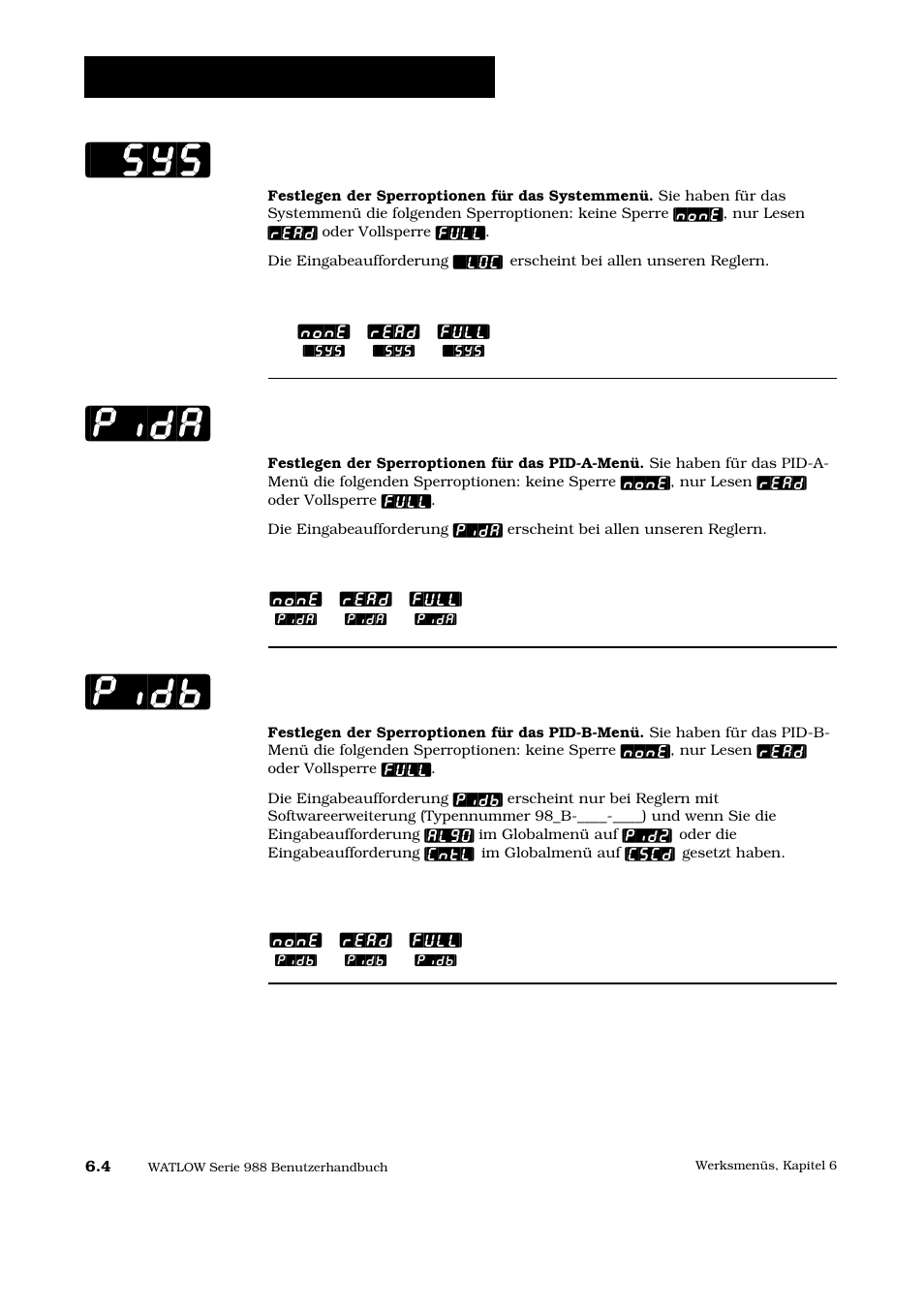 Pida] [pidb] [`sys, Werksmenü: zugriffssperre, Systemmenü | Pid-a-menü, Pid-b-menü | Watlow Series 988 User Manual | Page 95 / 128