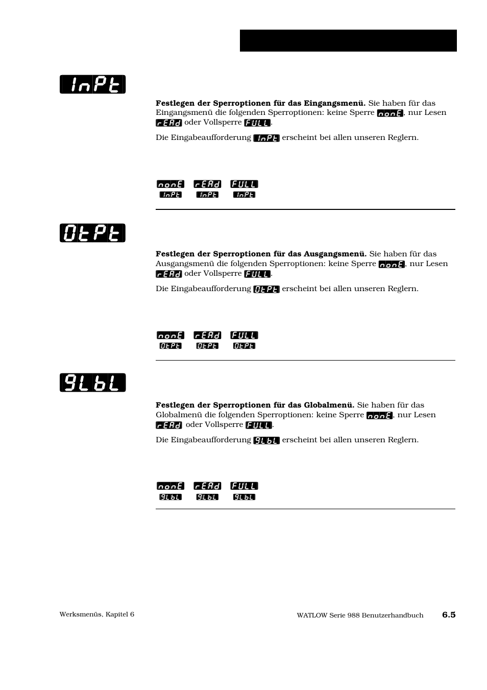 Inpt] [glbl] [otpt, Werksmenü: zugriffssperre, Eingangsmenü | Ausgangsmenü, Globalmenü | Watlow Series 988 User Manual | Page 96 / 128