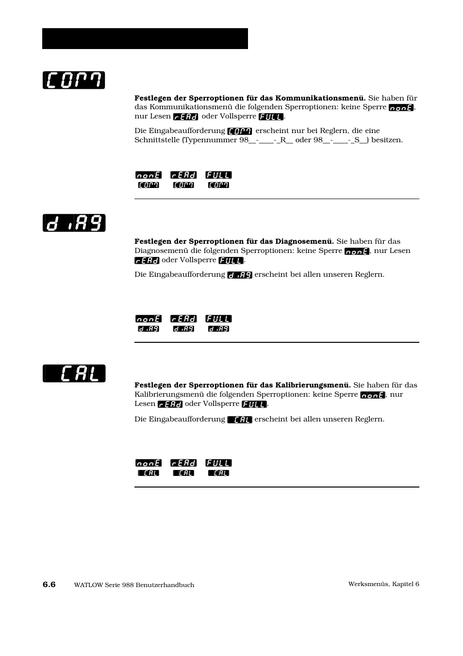 Diag] [`cal] [com, Werksmenü: zugriffssperre, Kommunikationsmenü | Diagnosemenü | Watlow Series 988 User Manual | Page 97 / 128