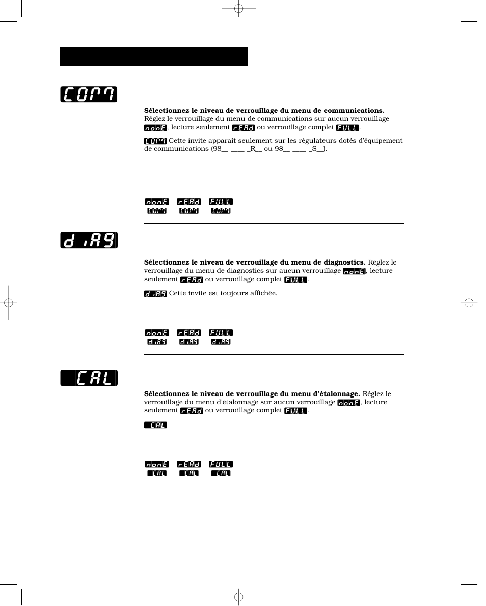 Menu de communications, Menu de diagnostics, Menu d’étalonnage | Diag] [`cal] [com, Usine-verrouillage du panneau | Watlow Series 988 User Manual | Page 100 / 132