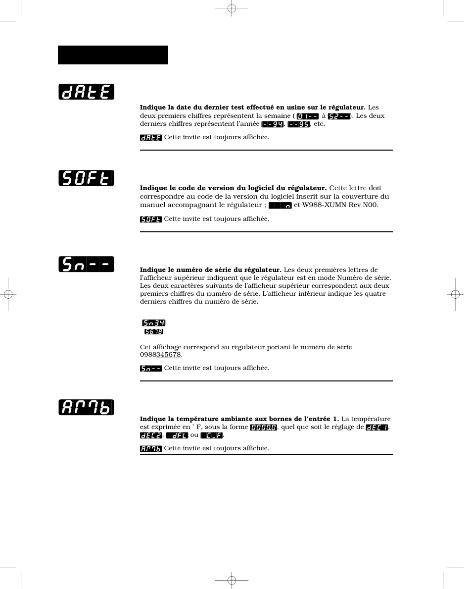 Date d’expédition de l’usine, Version du logiciel, Numéro de série | Température ambiante, Date] [soft] [sn--] [amb, Usine-diagnostics | Watlow Series 988 User Manual | Page 102 / 132