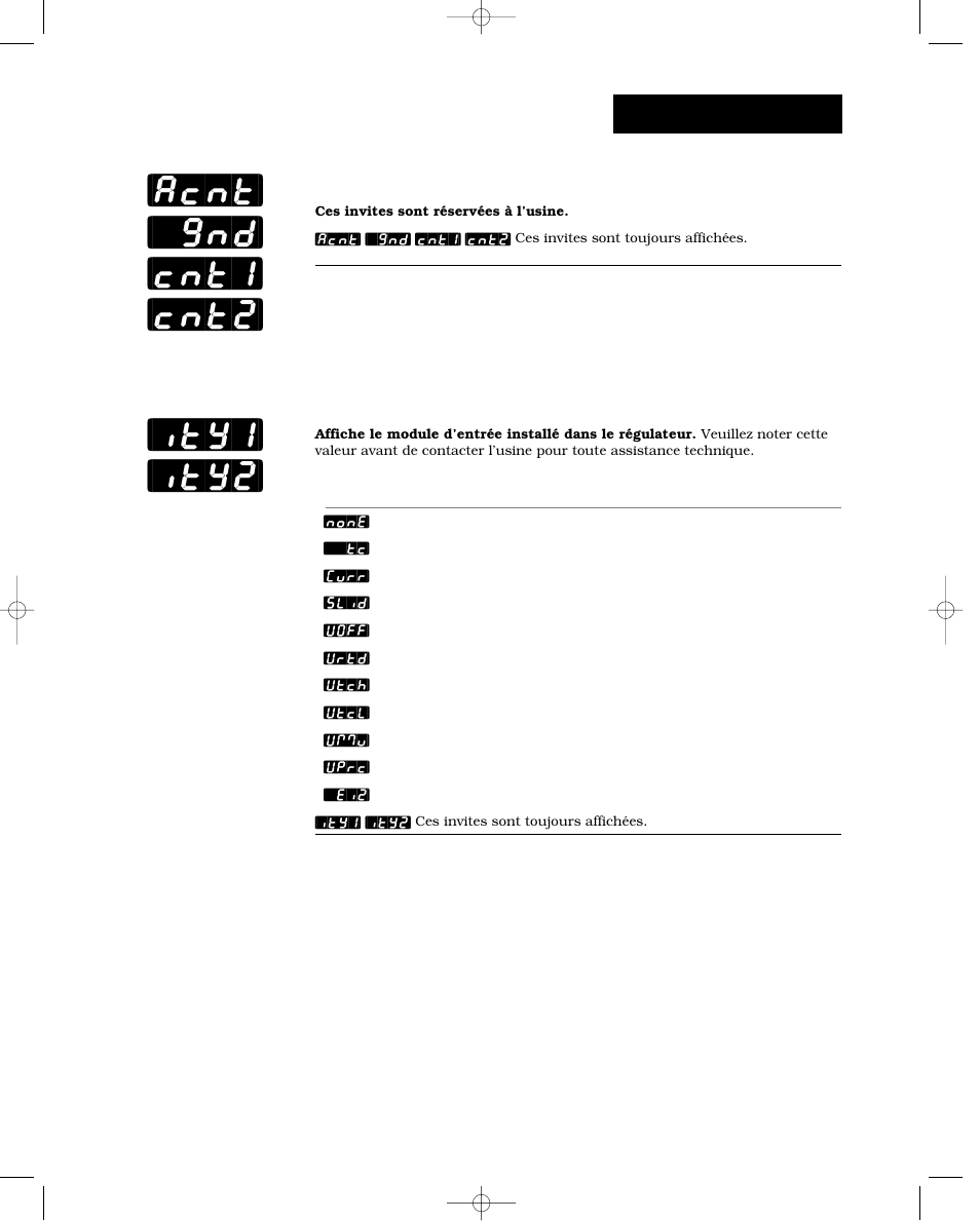 Réservé à l’usine, Modules d’entrée 1 et 2, Acnt] [`gnd] [cnt1] [cnt2 | Ity1] [ity2, Usine-diagnostics | Watlow Series 988 User Manual | Page 103 / 132