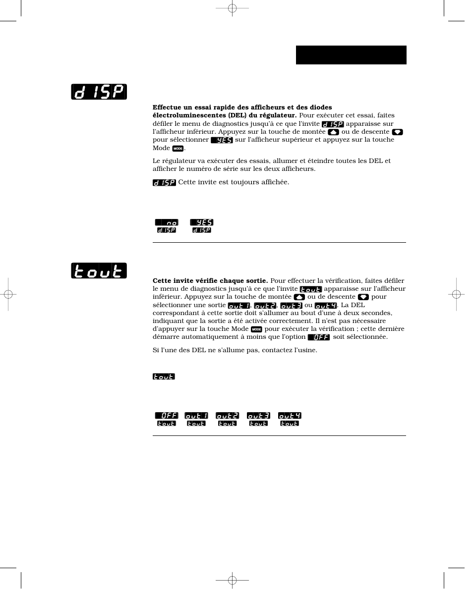 Essai des afficheurs, Vérification des sorties, Disp] [tout | Usine-diagnostics | Watlow Series 988 User Manual | Page 105 / 132