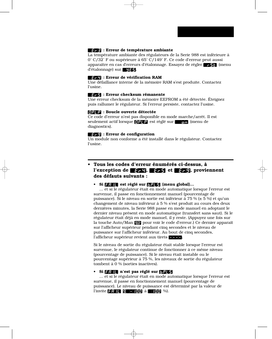 Conséquences des codes d’erreur, Codes d’erreur | Watlow Series 988 User Manual | Page 117 / 132
