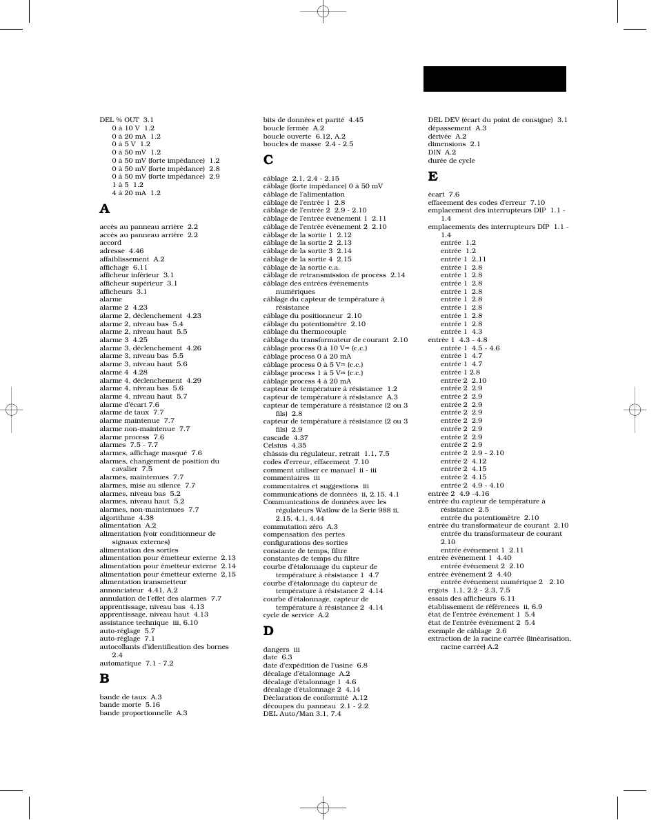 Index a-e | Watlow Series 988 User Manual | Page 125 / 132