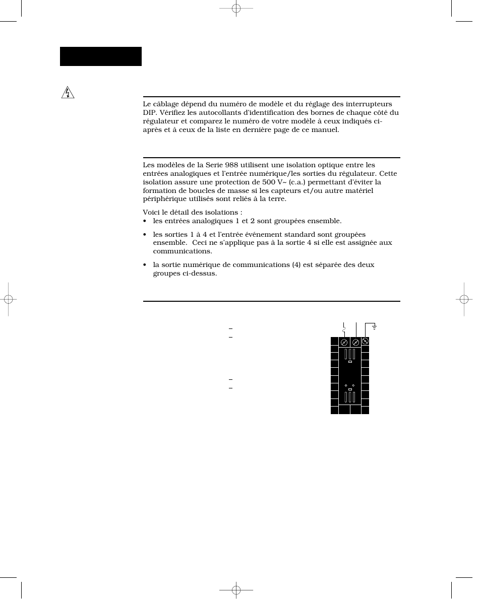 Câblage, Câblage des modèles de la serie 988, Isolation entrée/sortie | Raccordement au secteur | Watlow Series 988 User Manual | Page 16 / 132