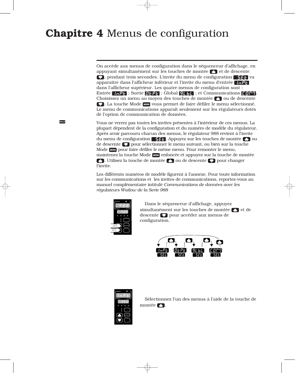 Chapitre 4 menus de configuration, Accès aux menus de configuration, Chapitre 4 menus de configuration 4.1 | Watlow Series 988 User Manual | Page 31 / 132