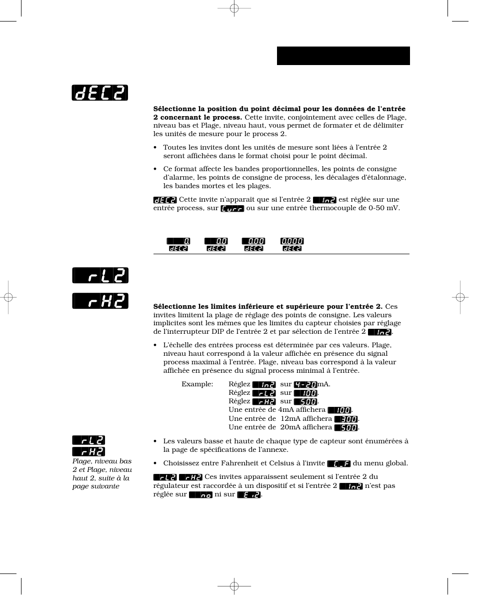 Point décimal 2 [dec2, Plage, niveau bas 2 et plage, niveau haut 2, Dec2] [`rl2] [`rh2 | Configuration - entrée, Point décimal 2, Rl2] [`rh2 | Watlow Series 988 User Manual | Page 41 / 132