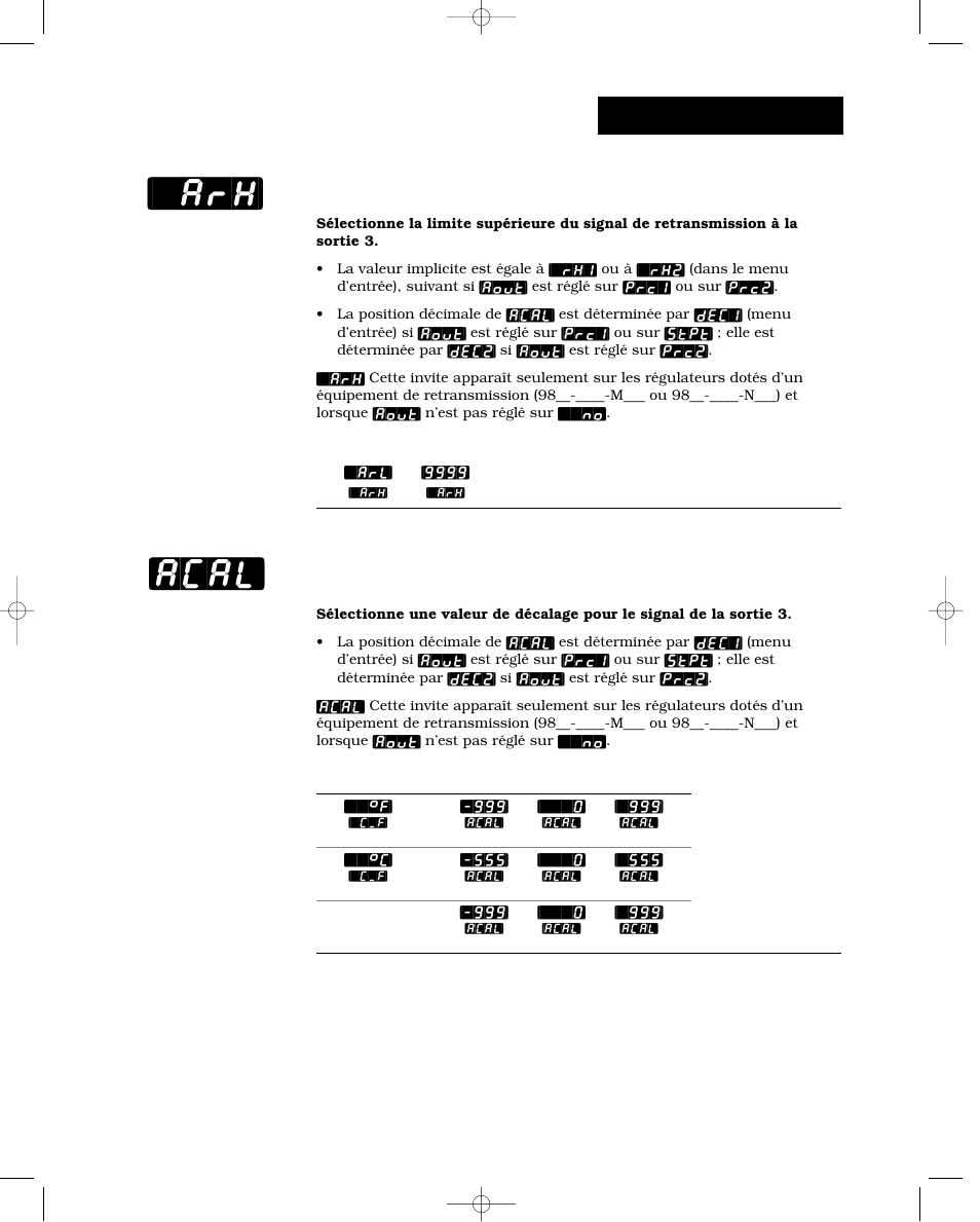 Retransmission, limite haute, Retransmission, décalage d’étalonnage, Arh] [acal | Configuration-sortie | Watlow Series 988 User Manual | Page 63 / 132