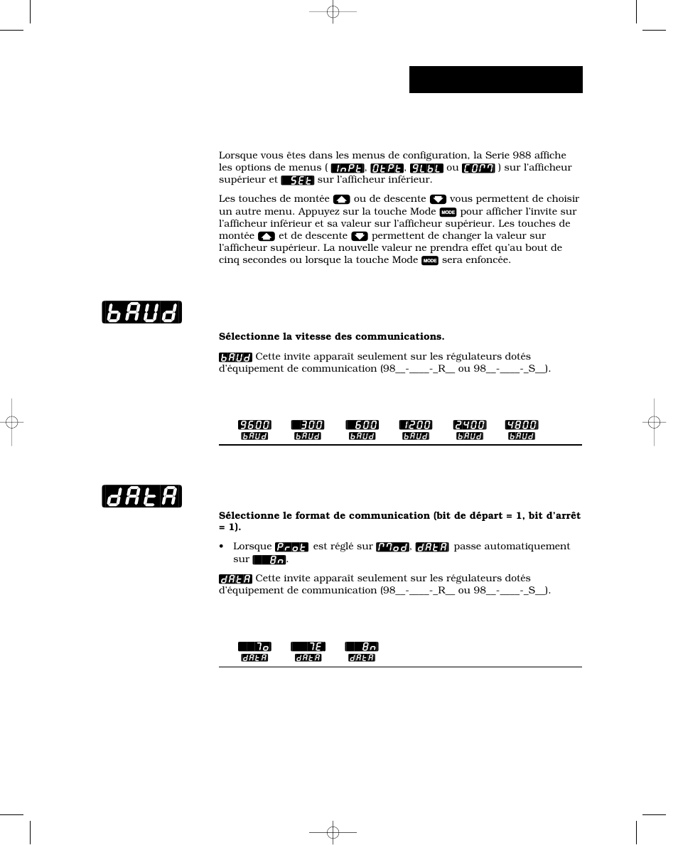 Invites du menu de communications, Rapidité de modulation, Bits de données et parité | Baud] [data, Configuration-comm | Watlow Series 988 User Manual | Page 75 / 132