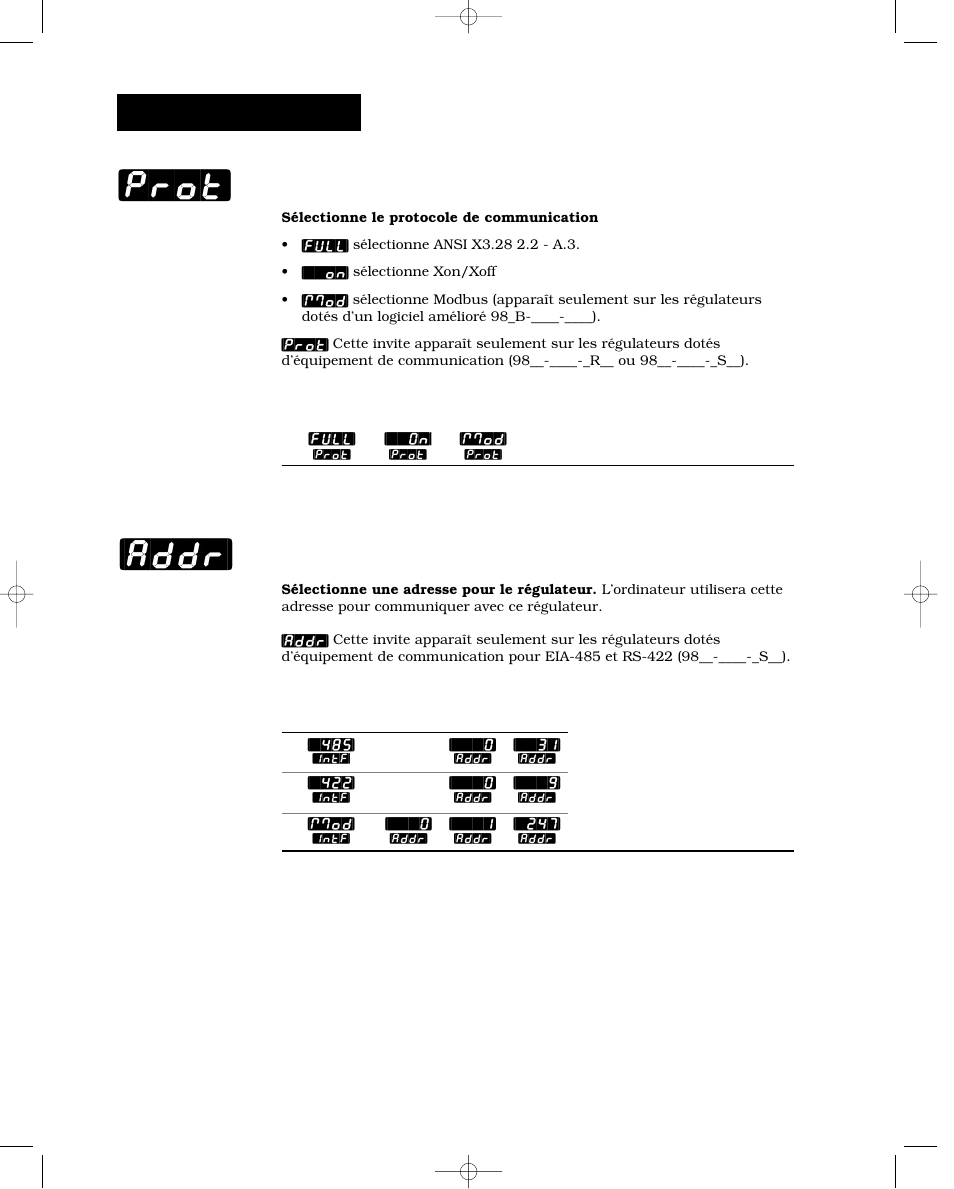 Type de protocole, Adresse, Prot] [addr | Configuration-comm | Watlow Series 988 User Manual | Page 76 / 132