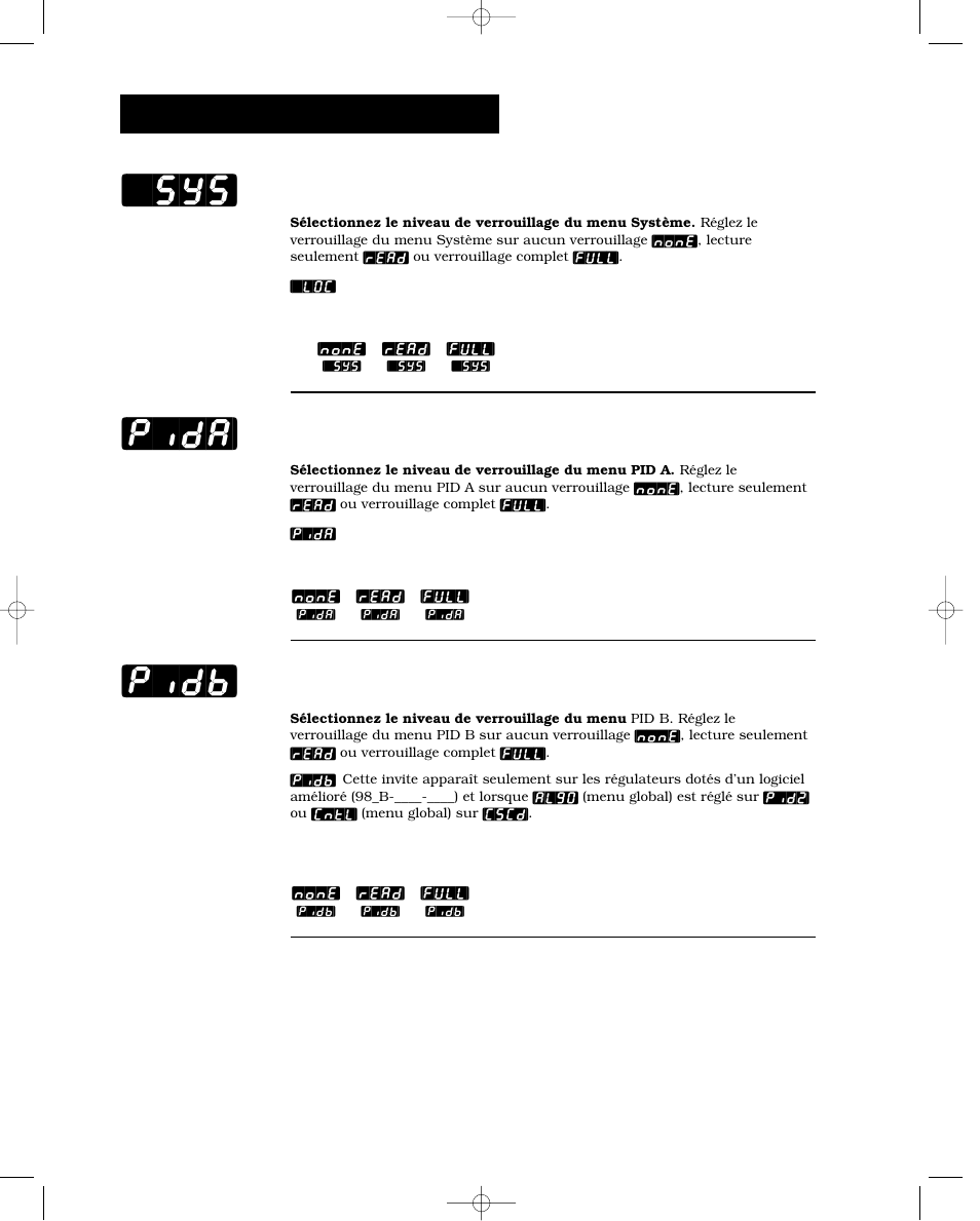 Menu système, Menu pid a, Menu pid b | Pida] [pidb] [`sys, Usine-verrouillage du panneau | Watlow Series 988 User Manual | Page 98 / 132