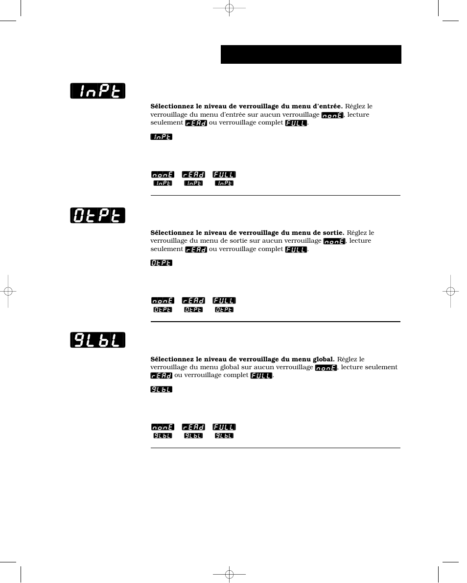 Menu d’entrée, Menu de sortie, Menu global | Inpt] [glbl] [otpt, Usine-verrouillage du panneau | Watlow Series 988 User Manual | Page 99 / 132