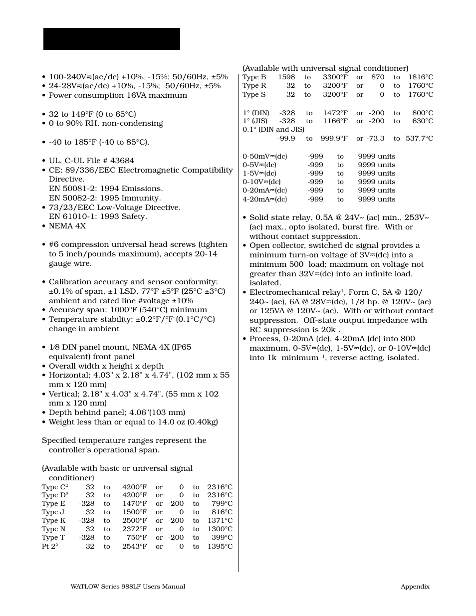 Specifications, Specifications a.6 | Watlow Series 988LF User Manual | Page 60 / 64