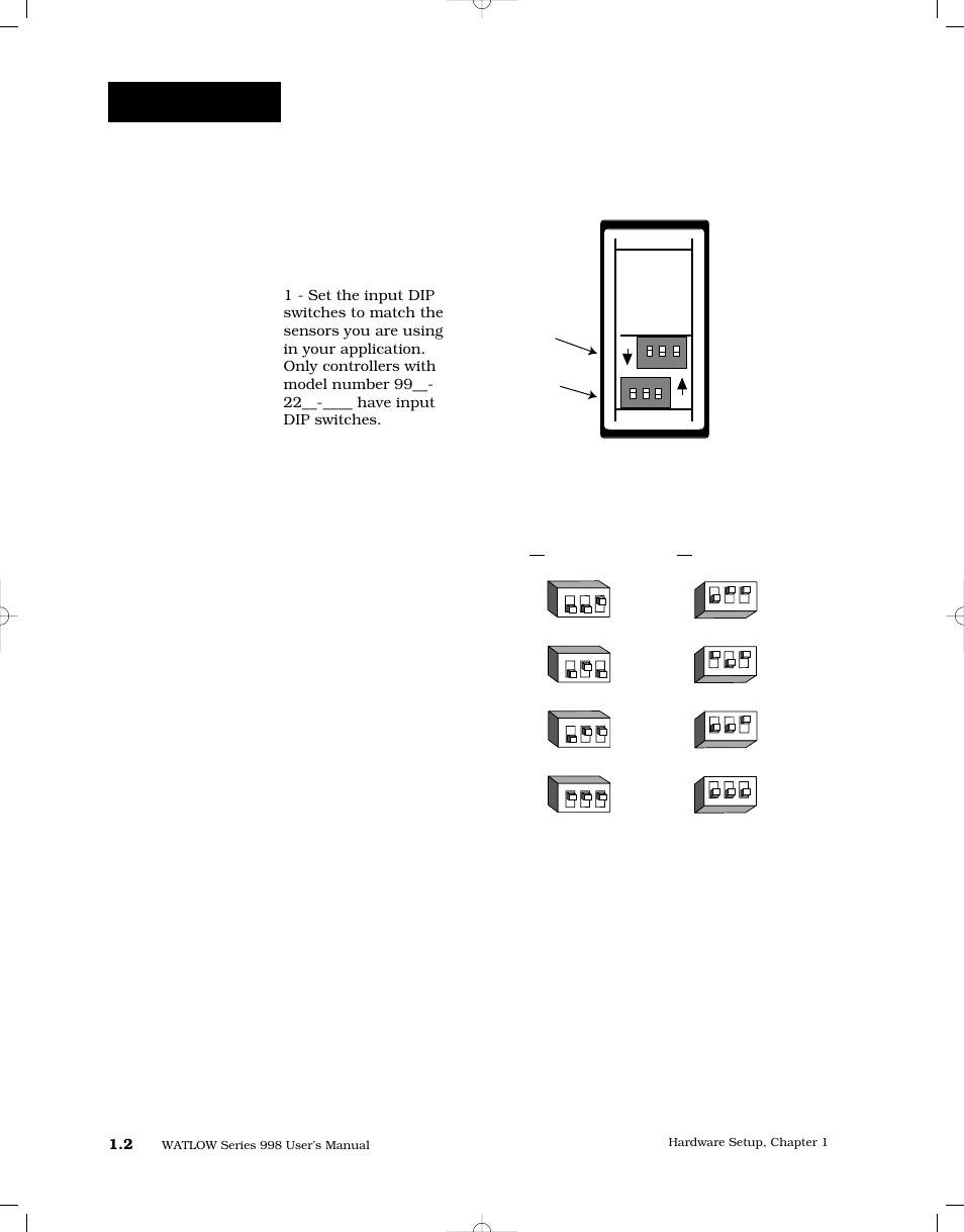 Input type dip switches, Dip switches, Input 1 (channel a) input 2 (channel b) | Figure 1.2 - input dip switches | Watlow Series 998 User Manual | Page 10 / 126