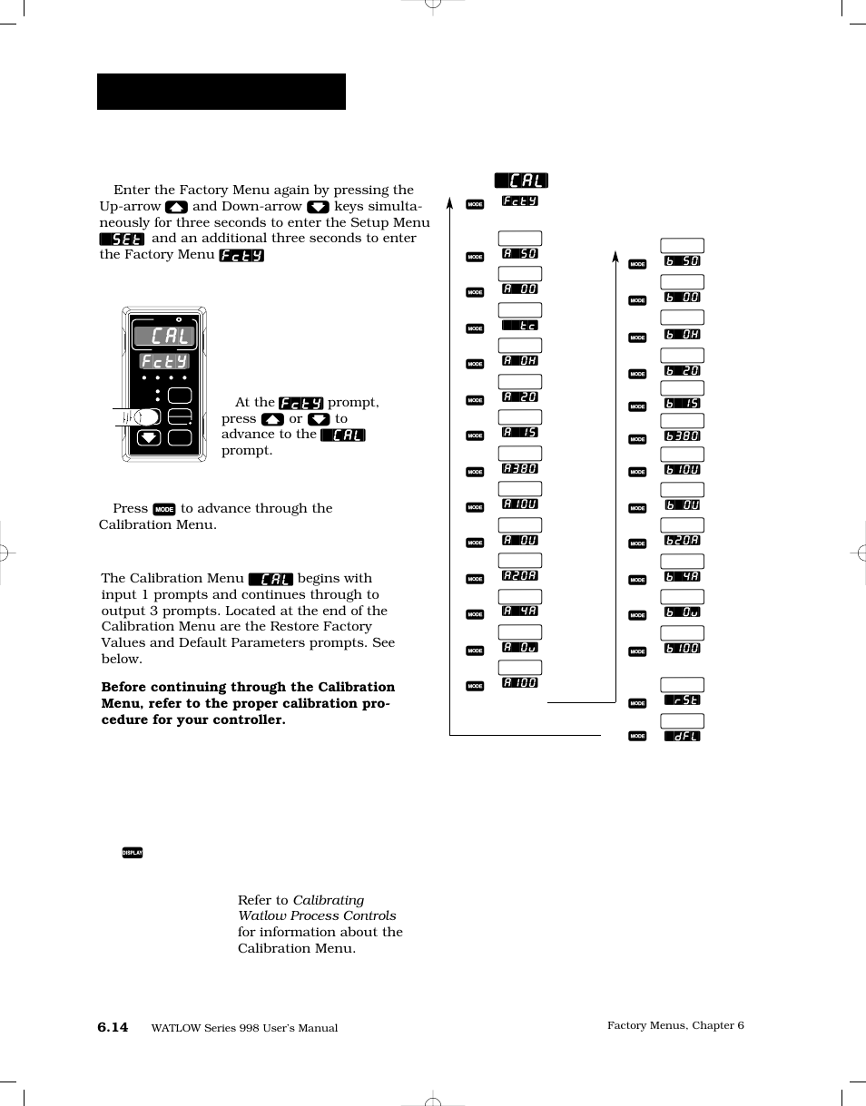 Reaching the calibration menu, 14 calibration menu, Factory-calibration | Cal] calibration menu, Fcty | Watlow Series 998 User Manual | Page 100 / 126