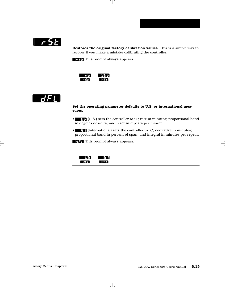 Restore, Default, Rst] [`dfl | Factory-calibration | Watlow Series 998 User Manual | Page 101 / 126