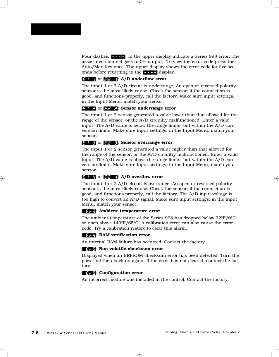 Error code e1 and e2 messages, Error codes | Watlow Series 998 User Manual | Page 108 / 126