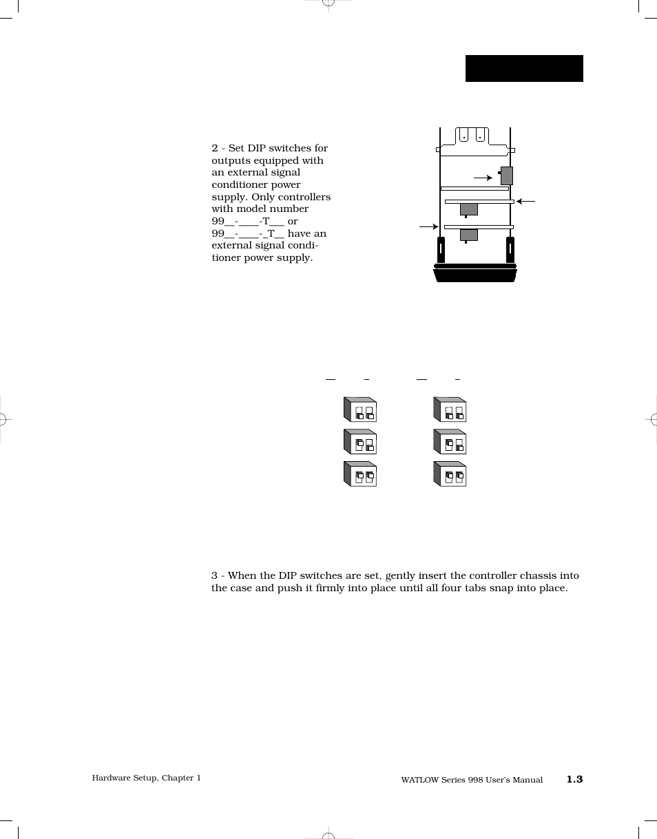 External power supply dip switches, Dip switches, Output 3 output 4 | 99__-____-t___) (99__-____-_t__) | Watlow Series 998 User Manual | Page 11 / 126