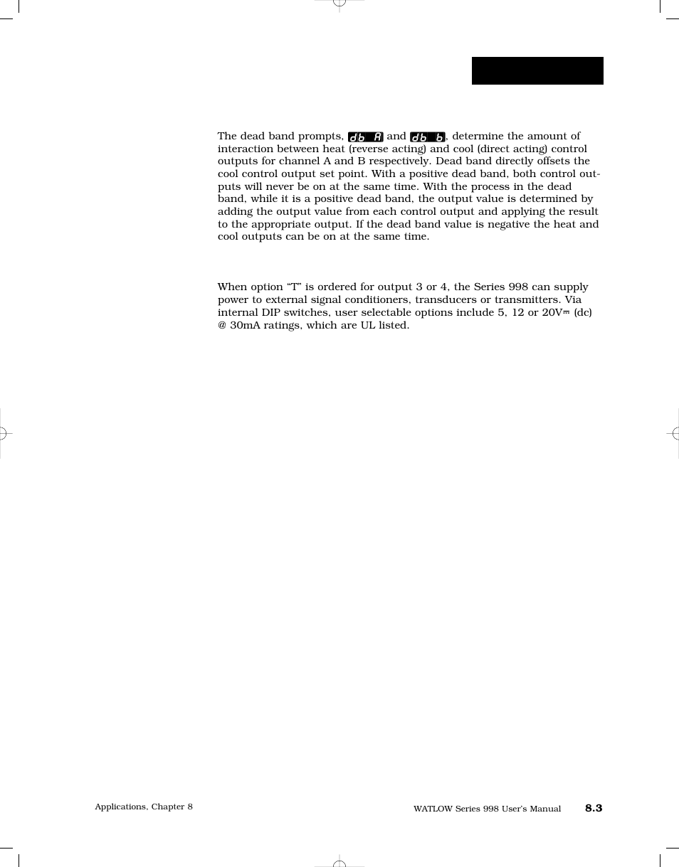 Dead band, Transmitter power supply, Misc. features | Watlow Series 998 User Manual | Page 113 / 126