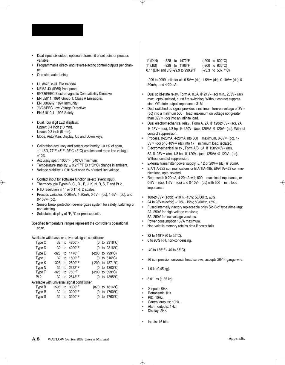 Specifications, Specifications a.8 | Watlow Series 998 User Manual | Page 122 / 126