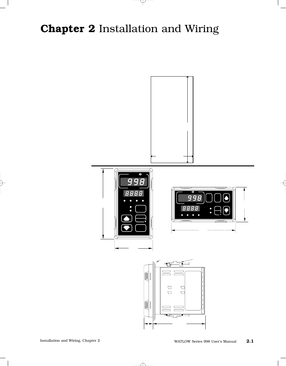 Chapter 2 installation and wiring, Chapter 2 installation and wiring 2.1, Panel cutout and dimensions | Watlow Series 998 User Manual | Page 13 / 126