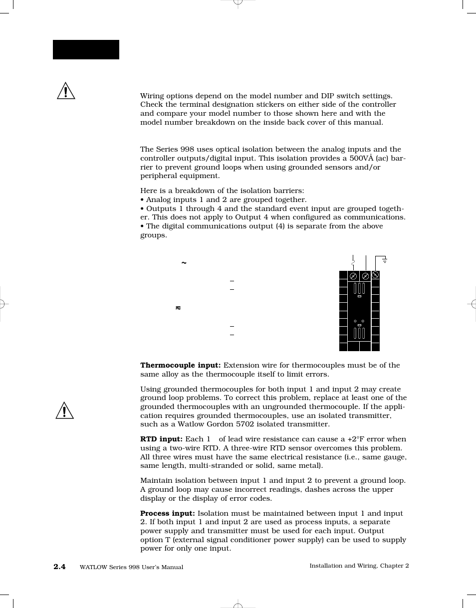 Wiring, Wiring the series 998, Power wiring | Sensor installation guidelines, Input-to-output isolation | Watlow Series 998 User Manual | Page 16 / 126