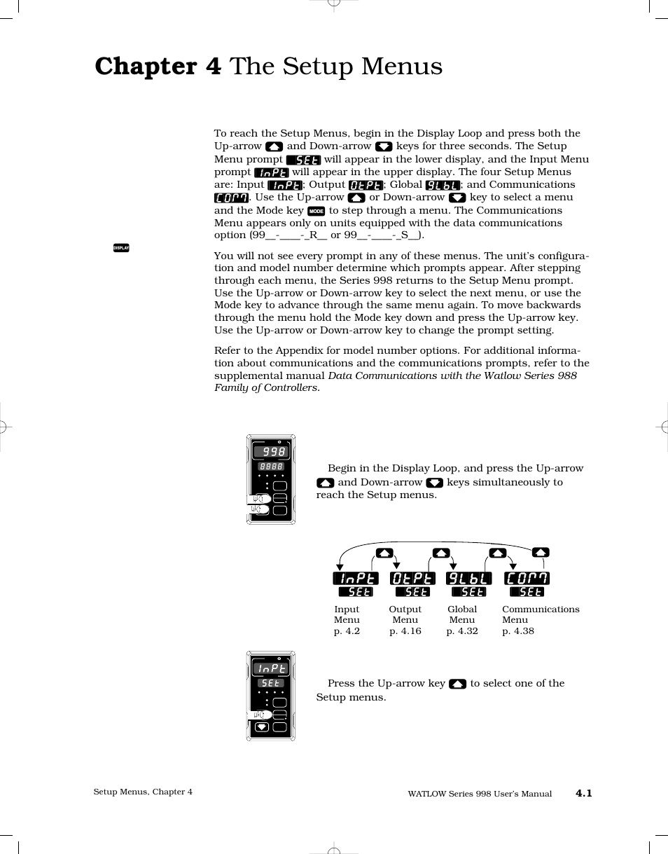 Chapter 4 the setup menus, Navigating, Chapter 4 the setup menus 4.1 | Navigating the setup menus, Inpt, Otpt, Glbl | Watlow Series 998 User Manual | Page 29 / 126