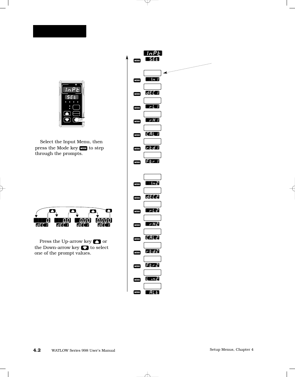 Reaching the input menu, Input menu, Setup-input | Inpt | Watlow Series 998 User Manual | Page 30 / 126