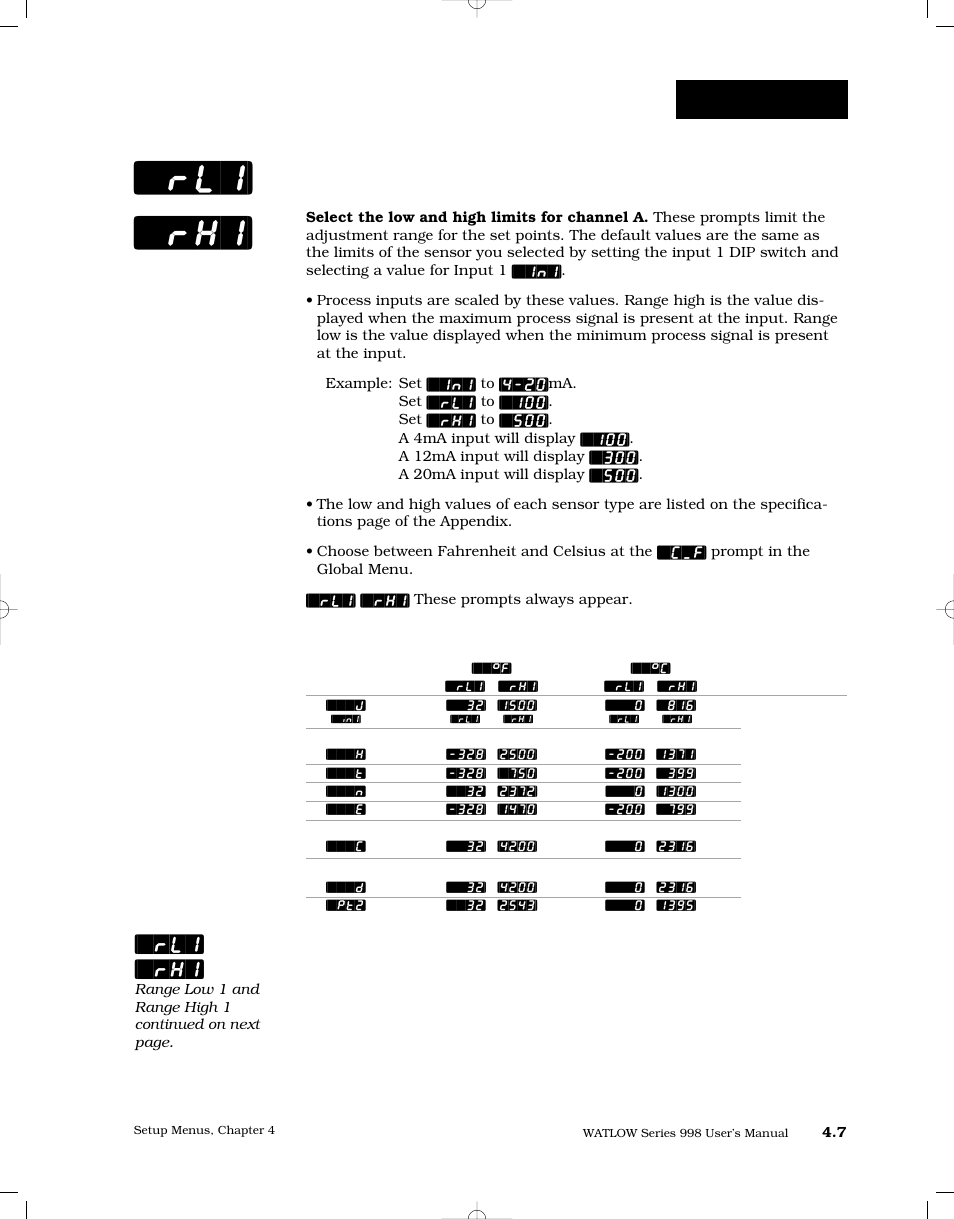 Range low 1 and range high 1, Setup-input, Rl1] [`rh1 | Watlow Series 998 User Manual | Page 35 / 126