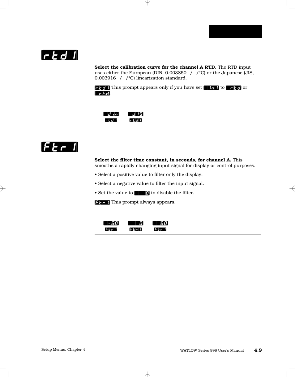 Rtd calibration curve 1, Software filter 1, Rtd1] [ftr1 | Setup-input | Watlow Series 998 User Manual | Page 37 / 126