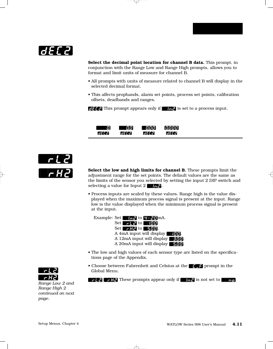 Decimal 2, Range low 2 and range high 2, Rh2] [`rl2 | Dec2, Setup-input, Rl2] [`rh2 | Watlow Series 998 User Manual | Page 39 / 126