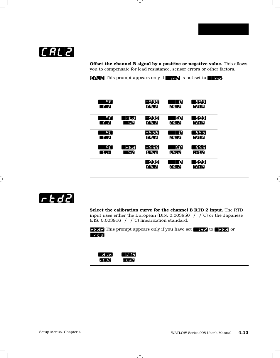 Calibration offset 2, Rtd calibration curve 2, Cal2] [rtd2 | Setup-input | Watlow Series 998 User Manual | Page 41 / 126