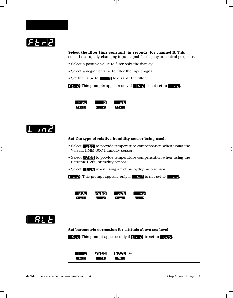 Software filter 2, Linearization 2, Altitude compensation | Alt] [lin2] [ftr2, Setup-input | Watlow Series 998 User Manual | Page 42 / 126