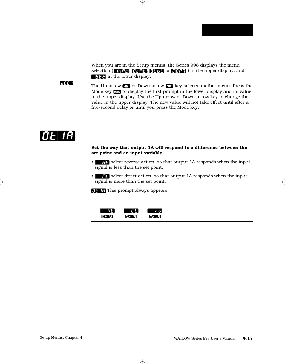 Output prompts, Output 1a, Ot1a | Setup-output | Watlow Series 998 User Manual | Page 45 / 126