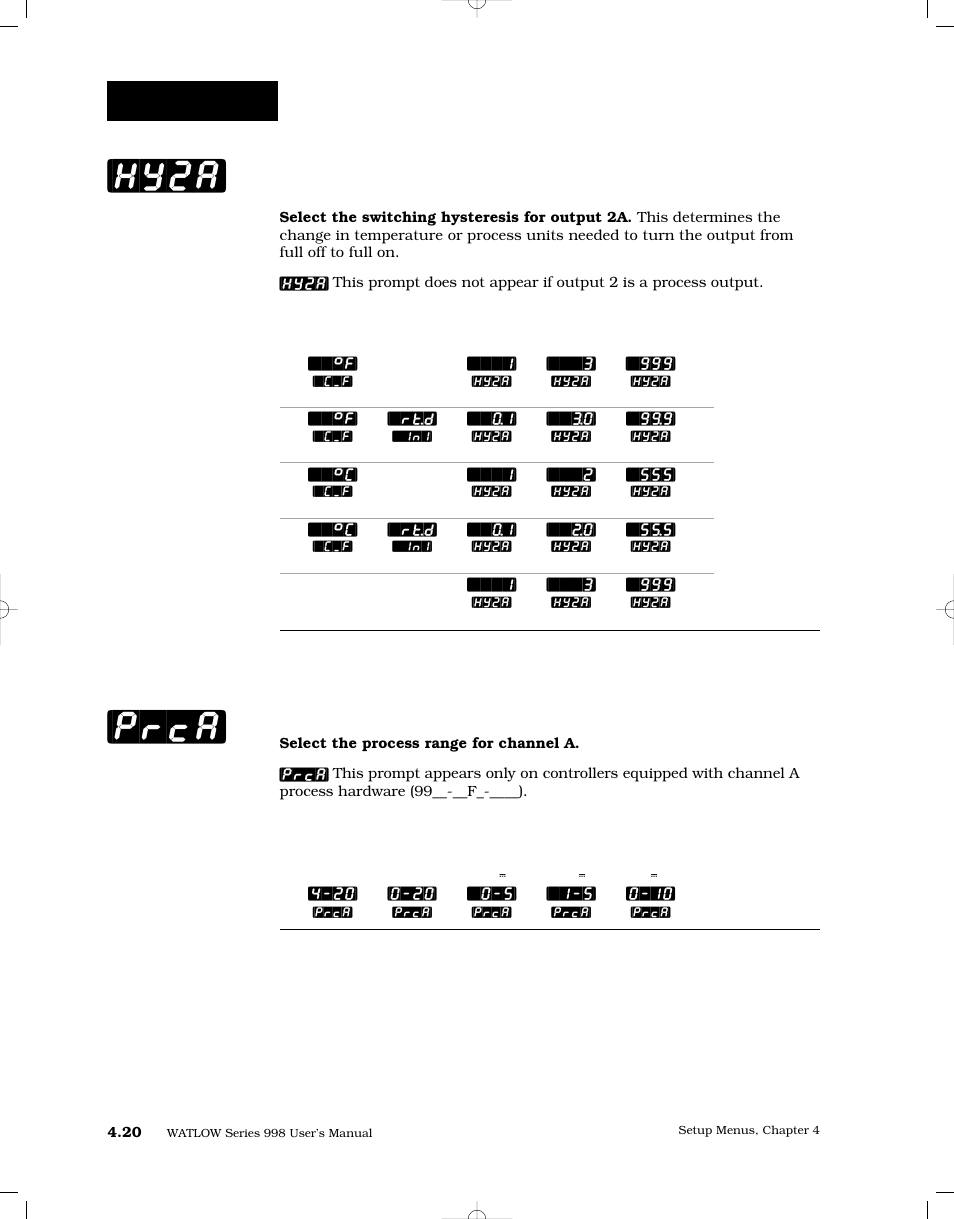 Hysteresis 2a, Process a, Hy2a] [prca | Setup-output | Watlow Series 998 User Manual | Page 48 / 126