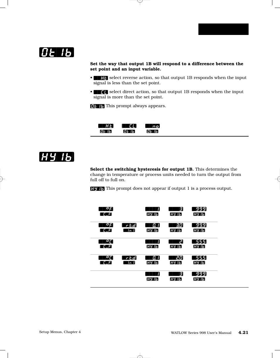 Output 1b, Hysteresis 1b, Ot1b] [hy1b | Setup-output | Watlow Series 998 User Manual | Page 49 / 126