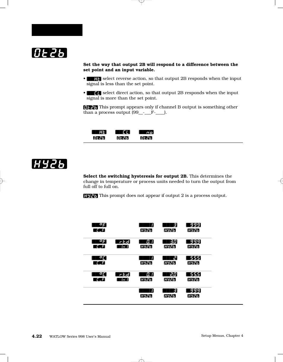 Output 2b, Hysteresis 2b, Ot2b] [hy2b | Setup-output | Watlow Series 998 User Manual | Page 50 / 126