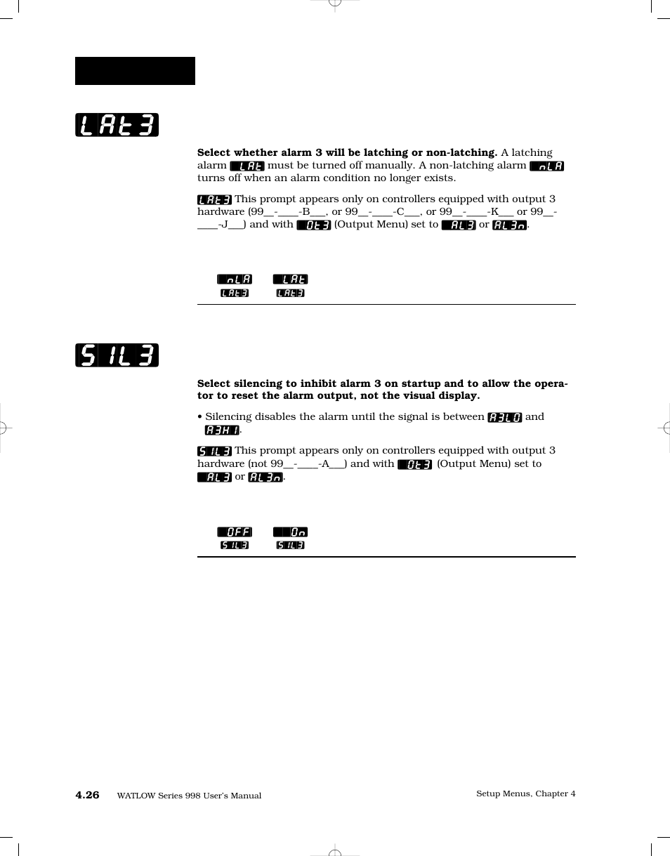 Latching 3, Silencing 3, Lat3] [sil3 | Setup-output | Watlow Series 998 User Manual | Page 54 / 126