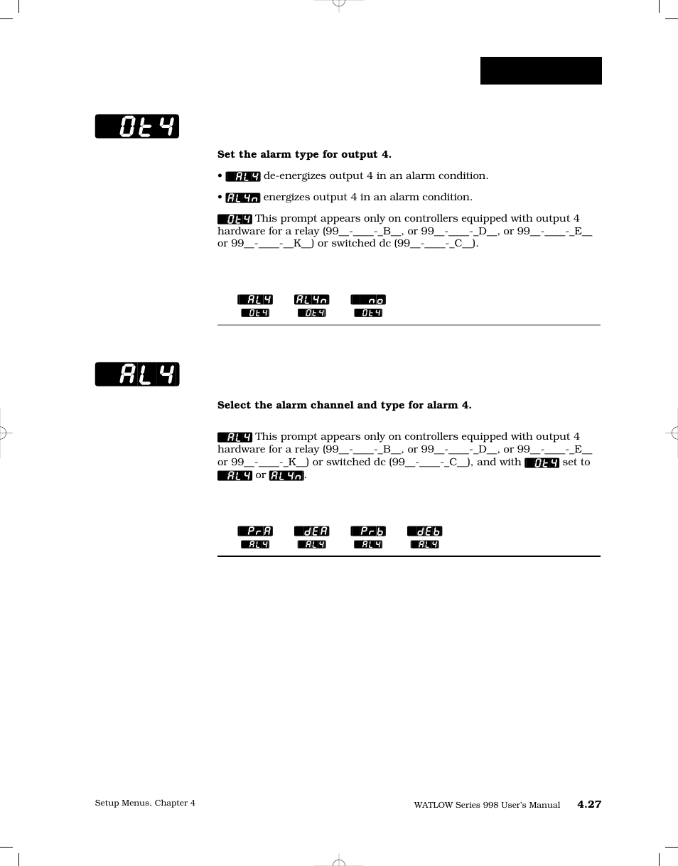 Output 4, Alarm 4, Ot4] [`al4 | Setup-output | Watlow Series 998 User Manual | Page 55 / 126