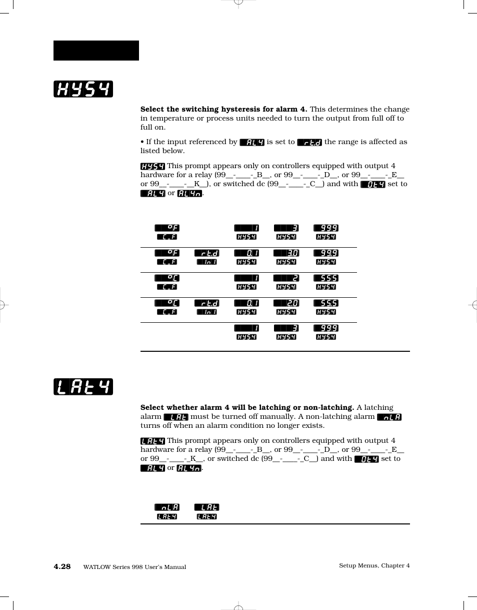 Hysteresis 4, Latching 4, Hys4] [lat4 | Setup-output | Watlow Series 998 User Manual | Page 56 / 126