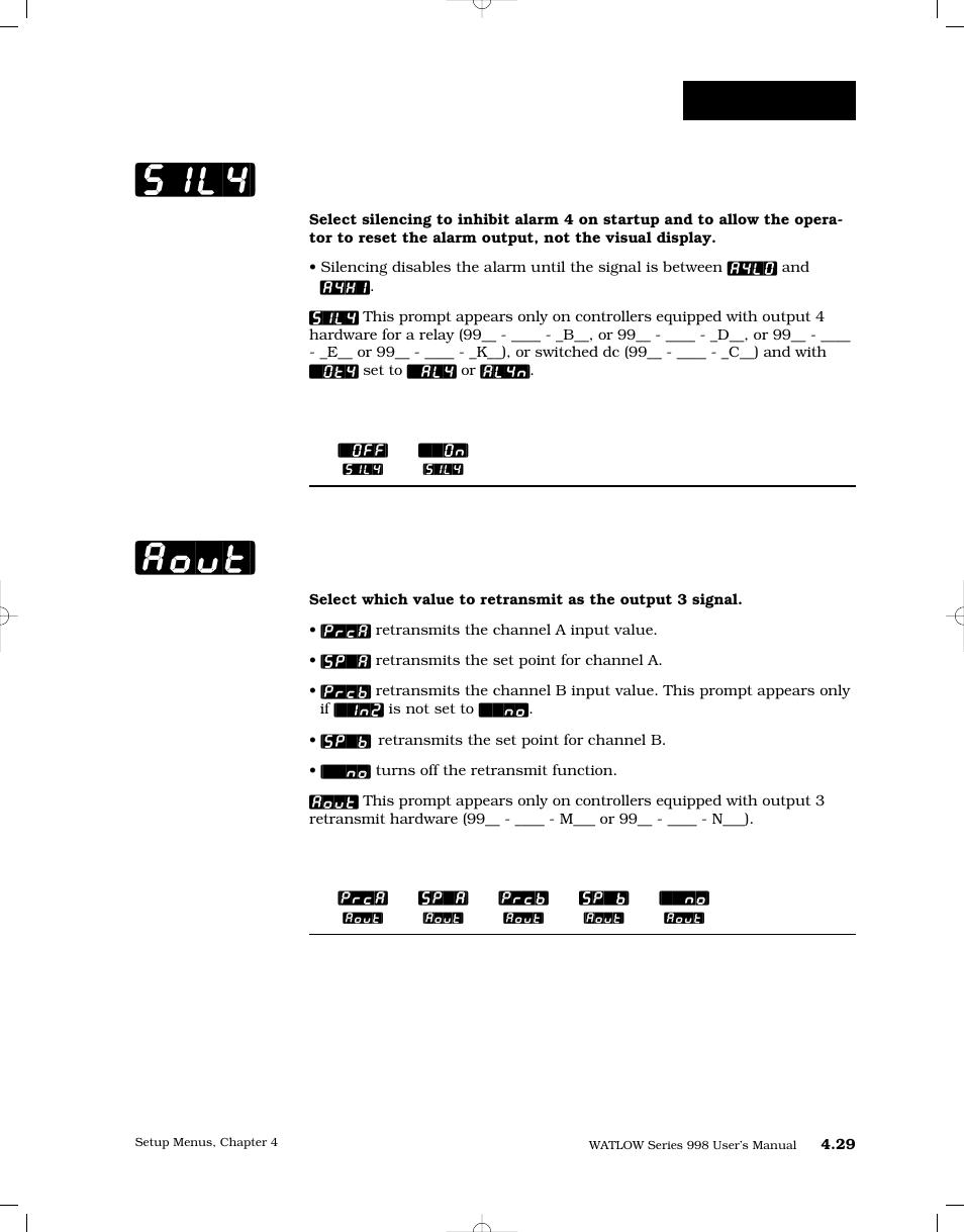 Silencing 4, Analog output, Sil4 | Aout, Setup-output | Watlow Series 998 User Manual | Page 57 / 126