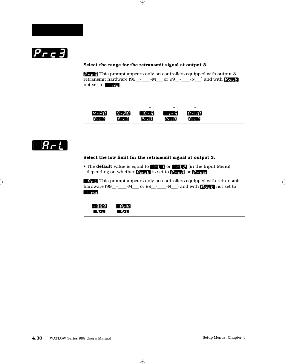 Process 3, Retransmit low limit, Prc3] [`arl | Setup-output | Watlow Series 998 User Manual | Page 58 / 126