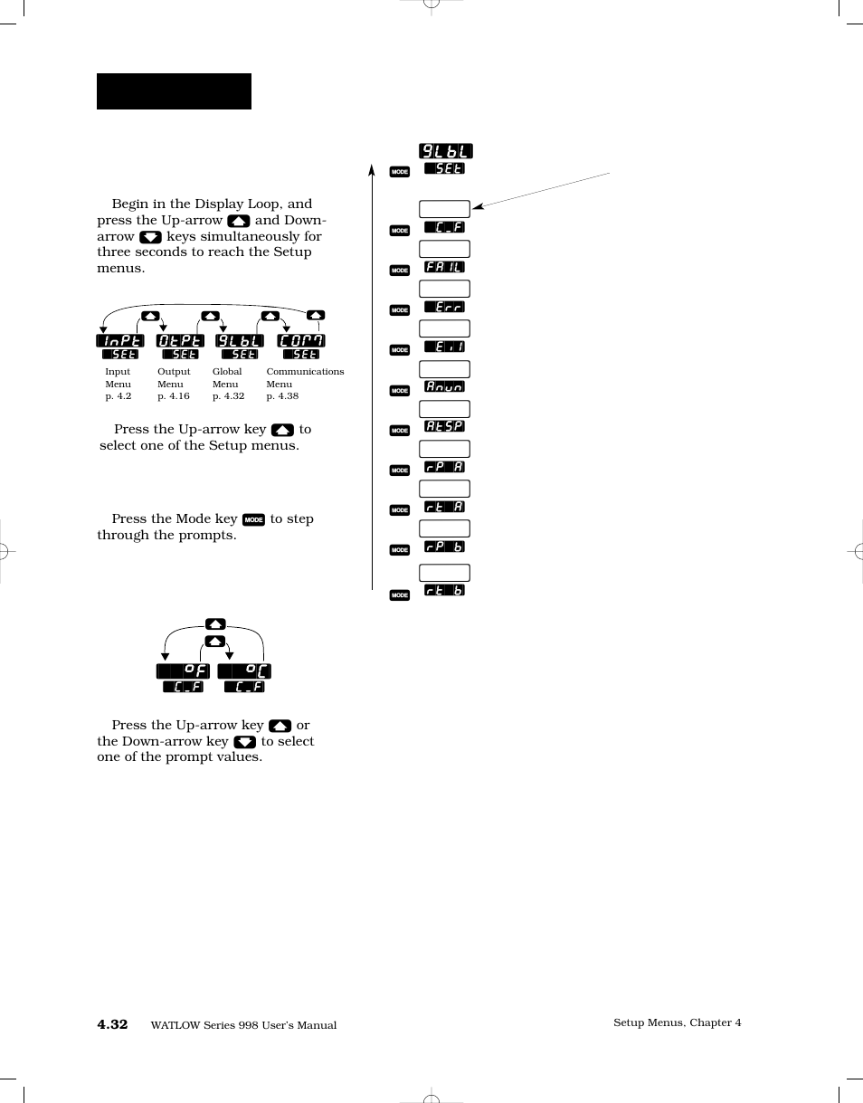 Reaching the global menu, 32 global menu, Setup-global | Global menu | Watlow Series 998 User Manual | Page 60 / 126