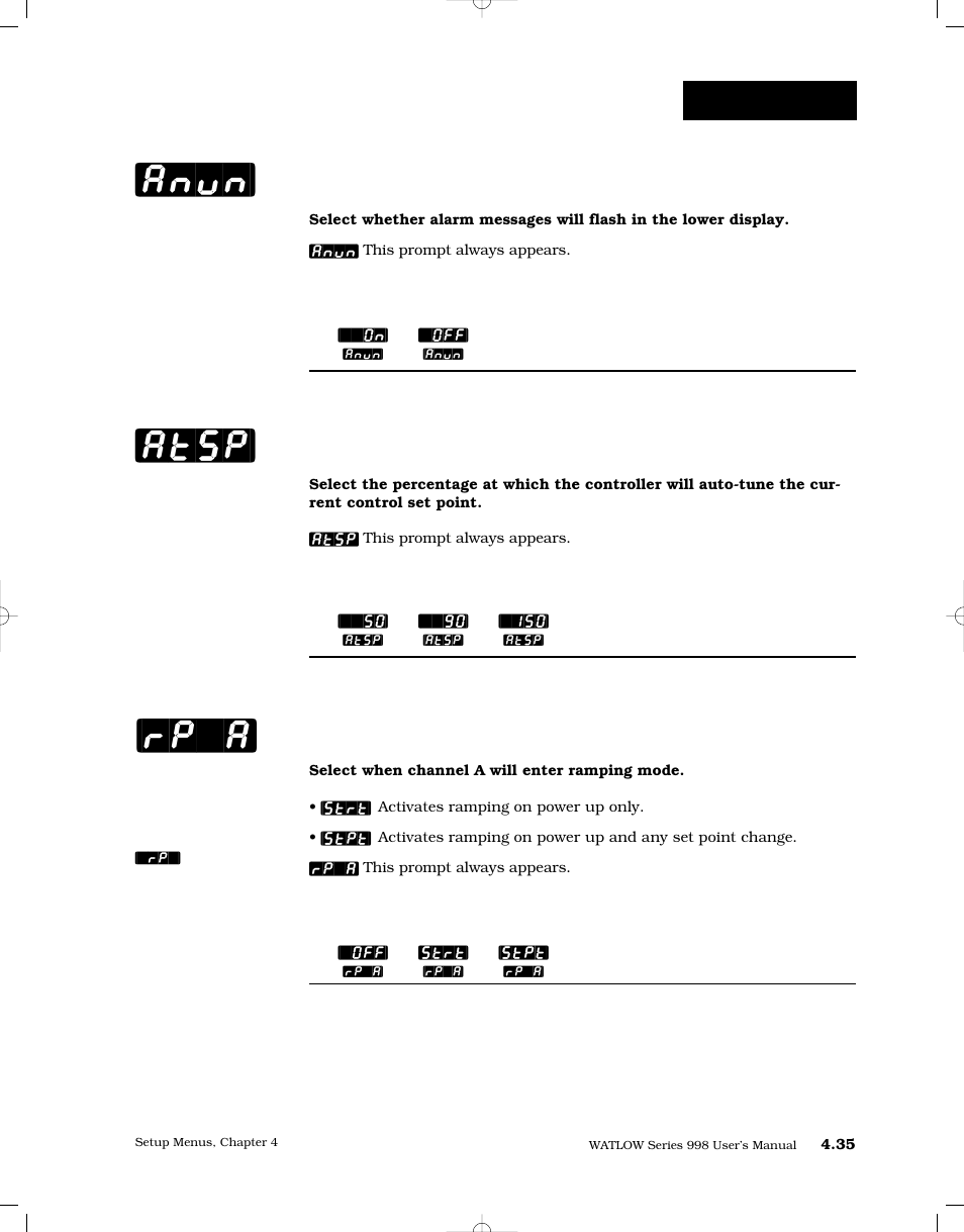 Annunciator, Auto-tune set point, Ramping function for channel | Anun] [atsp, Rp`a, Setup-global, Ramping function for channel a | Watlow Series 998 User Manual | Page 63 / 126