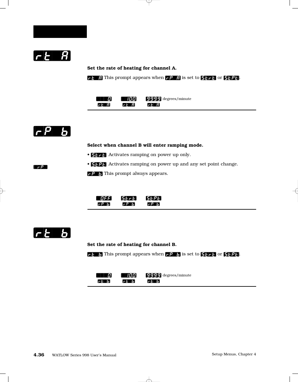 Ramp rate for channel a, Ramping function for channel b, Ramp rate for channel b | Rt`a] [rp`b] [rt`b, Setup-global | Watlow Series 998 User Manual | Page 64 / 126