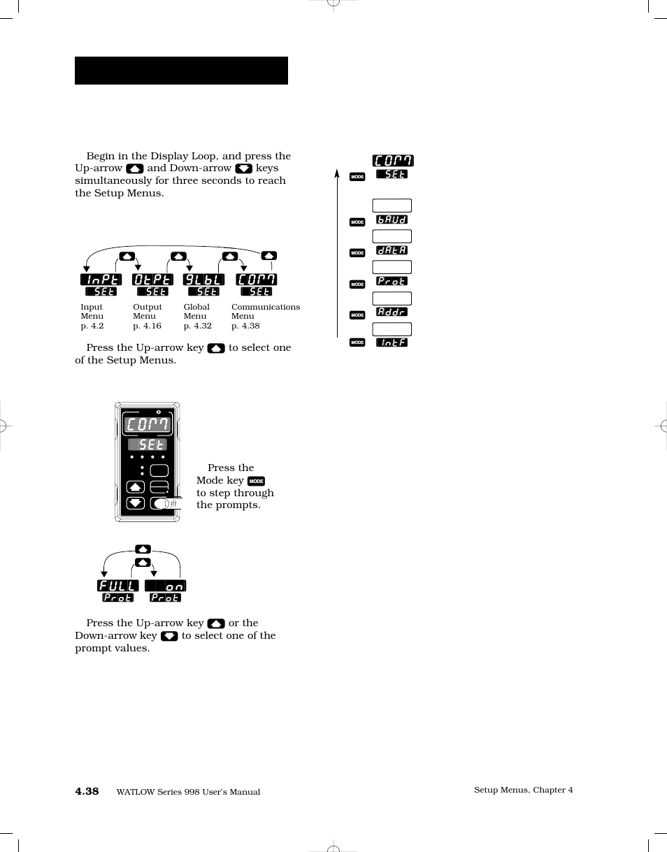 Reaching the communications menu, Setup-communications, Communications menu | Inpt, Otpt, Glbl, Full | Watlow Series 998 User Manual | Page 66 / 126